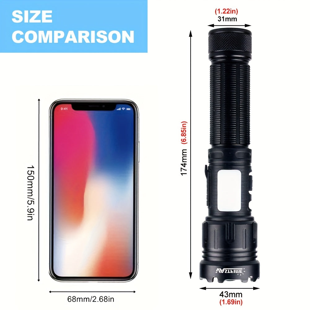 4-in-1 LED Aluminum Alloy Ultra-Bright Zoomable Outdoor Flashlight with 4 Light Sources, COB Side Emergency Light, Rechargeable High Lumen Tactical Flashlight, Ideal for Hiking, Hunting, Camping, Handheld Lighting, Fishing & Various Outdoor Activities