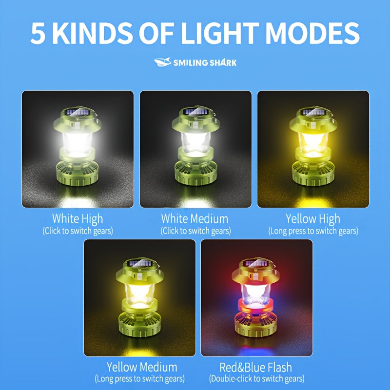1 Smiling Shark Rechargeable Fan Light - Type-C Solar Charging, 5 Modes LED Flashlight & Cooling Fan, Built-in Lithium Battery, Portable Camping Lantern, Ideal for Tent, Outdoor, Hiking, Emergency (Power Supply)