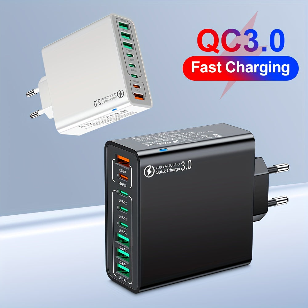 8-Port PD+QC 3.0 Fast Charger Set with Usb/Type-C, Including a Type-C to Type-C Cable. This High-Performance Charging Station Is a Reliable Power Adapter for Home Users And Workspace Additions