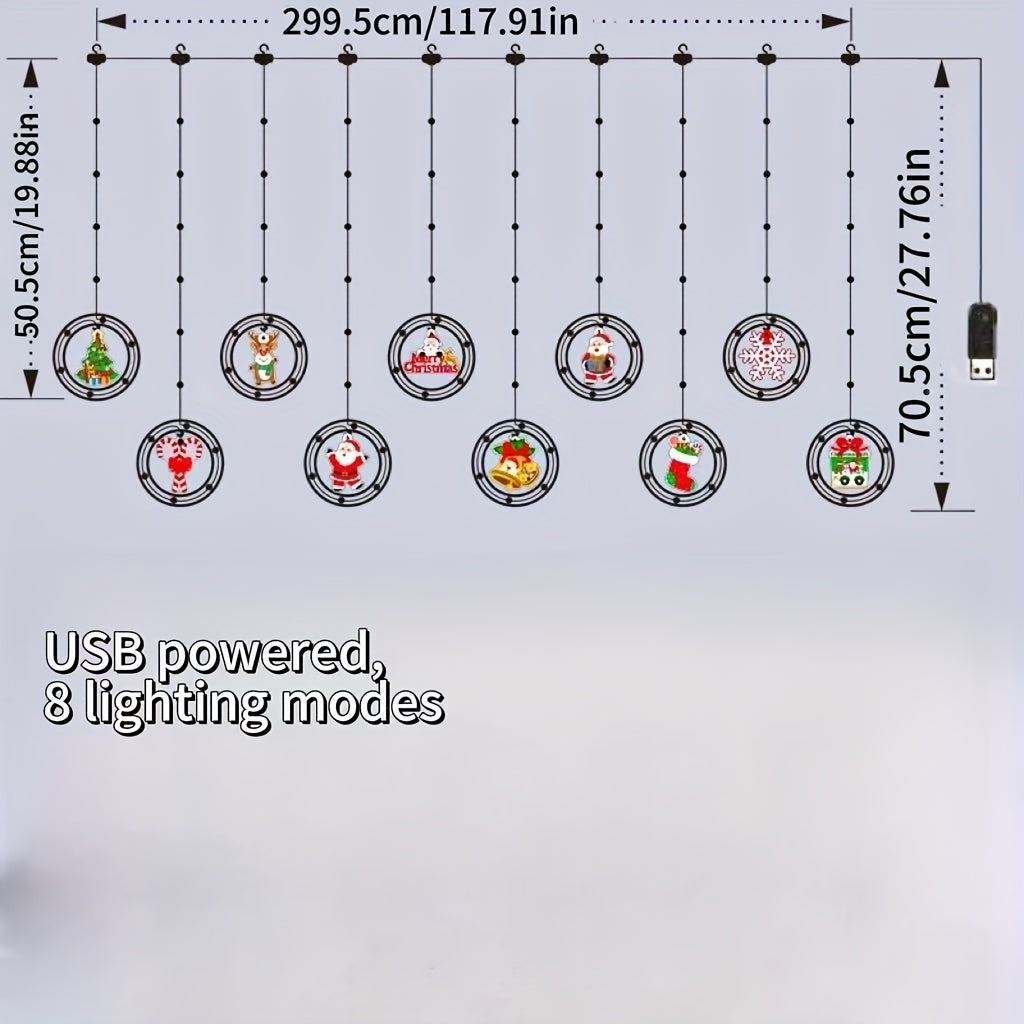 PHFRQ 八种模式，室外灯带，DIY圣诞圆环灯串LED圣诞灯-LED圣诞跨帘灯·圣诞装饰、卡片纸图案，节日礼物、派对装饰必备-发光圣诞树，圣诞老人挂饰-圣诞氛围庭院户外窗户装饰吊坠-USB插电，暖光，彩光