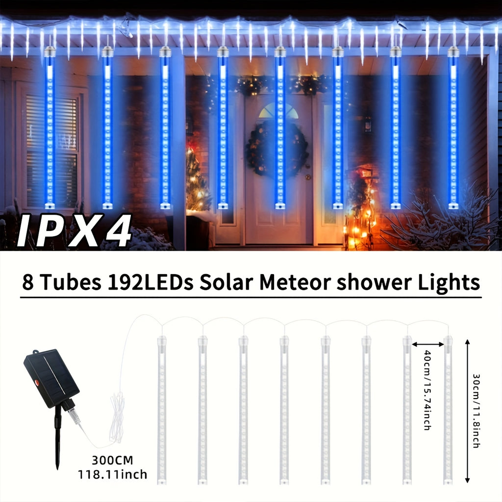 太阳能8串192LED户外流星雨圣诞灯，雨灯太阳能灯，IPX4，感恩节万圣节装饰灯，蓝色暖色，白色