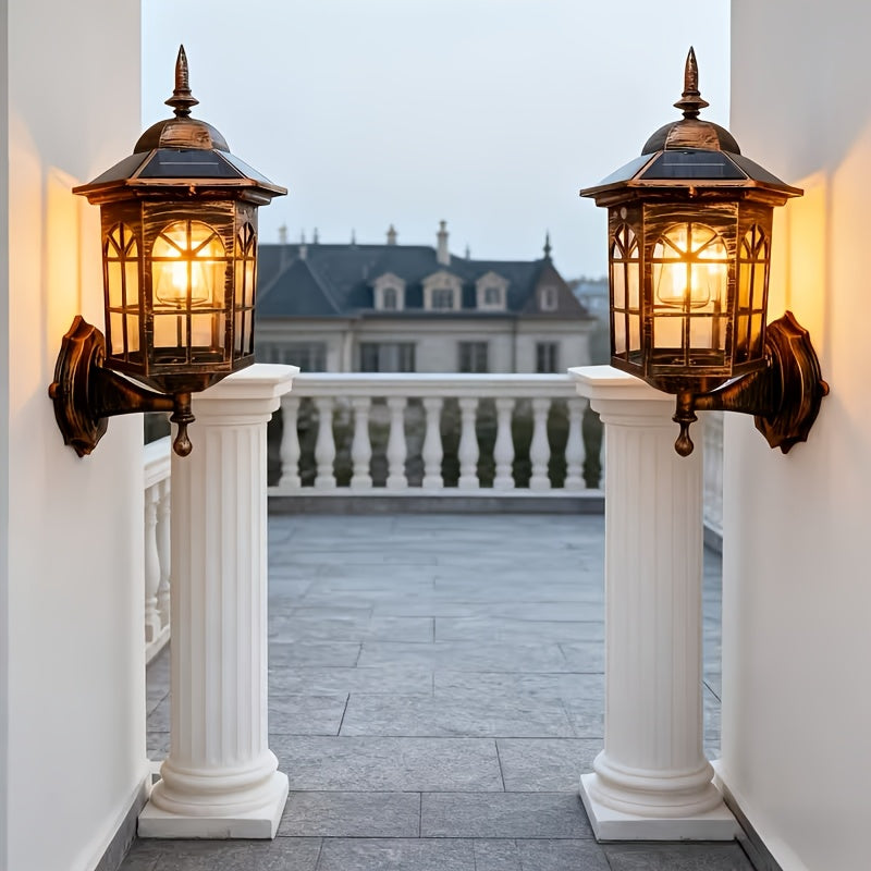 2PCS Vintage Solar Outdoor Wall Light Waterproof Courtyard Decorative LED Tungsten Alloy Wall Light, Suitable for Garden, Courtyard and Porch, Tungsten Filament Light, Outdoor Garden, Street Floor Decoration, Solar Garden No Wiring Required