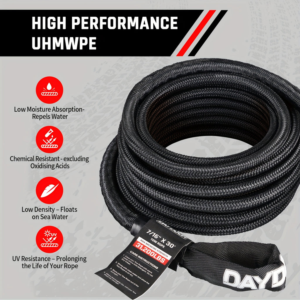 Tow Rope Kit, UHMWPE Synthetic Rope, Extended Recovery Strap, 31,200 lb Capacity, for Off-Road Vehicles 4WD, ATV, UTV, SUV, Includes Soft Shackle