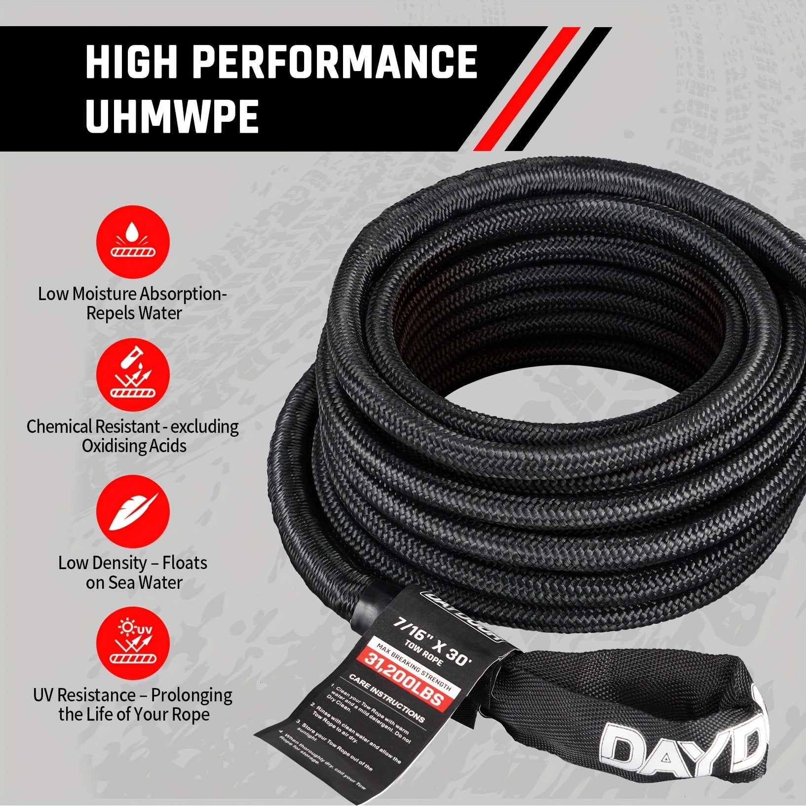 Tow Rope Kit, UHMWPE Synthetic Rope, Extended Recovery Strap, 31,200 lb Capacity, for Off-Road Vehicles 4WD, ATV, UTV, SUV, Includes Soft Shackle