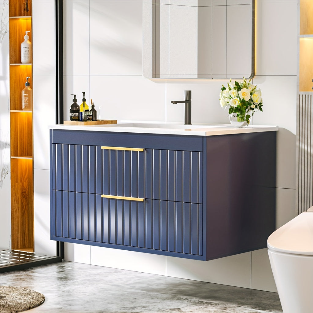 Bathroom Vanity with Sink - Wall Mount Floating Basin Cabinet, Soft-Close 2 Large Drawers, Modern Textured Stripe Design, Hidden Damping Drawers