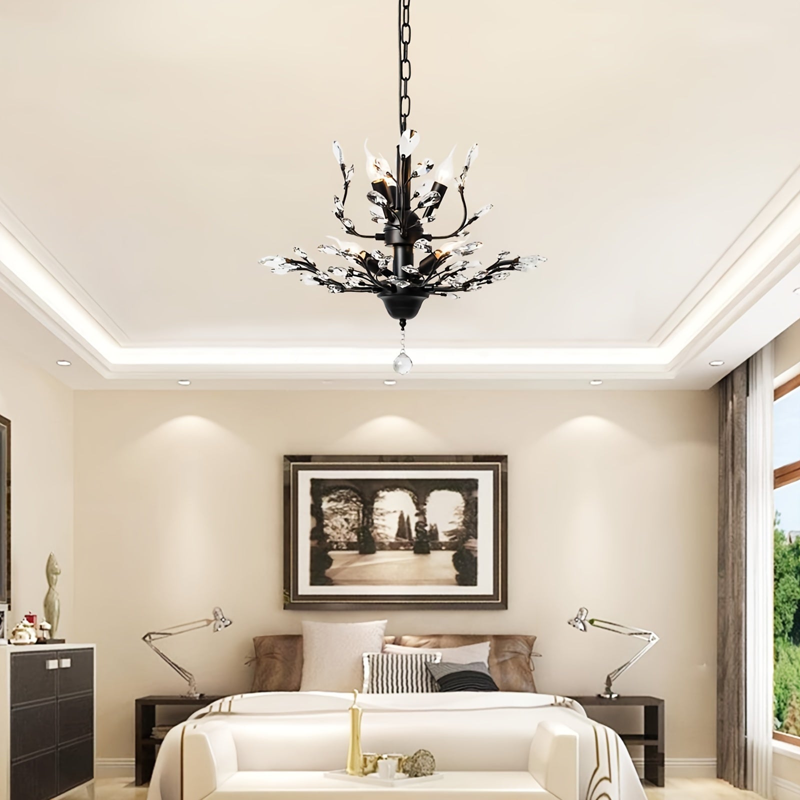 Enncll Elegant 7-Light Vintage Crystal Chandelier - Adjustable Black Metal Ceiling Light, Suitable for Living Room, Bedroom, Dining Room and Porch - E12 Socket (Bulb Not Included), Bedroom Ceiling Light Traditional Lighting Metal Construction