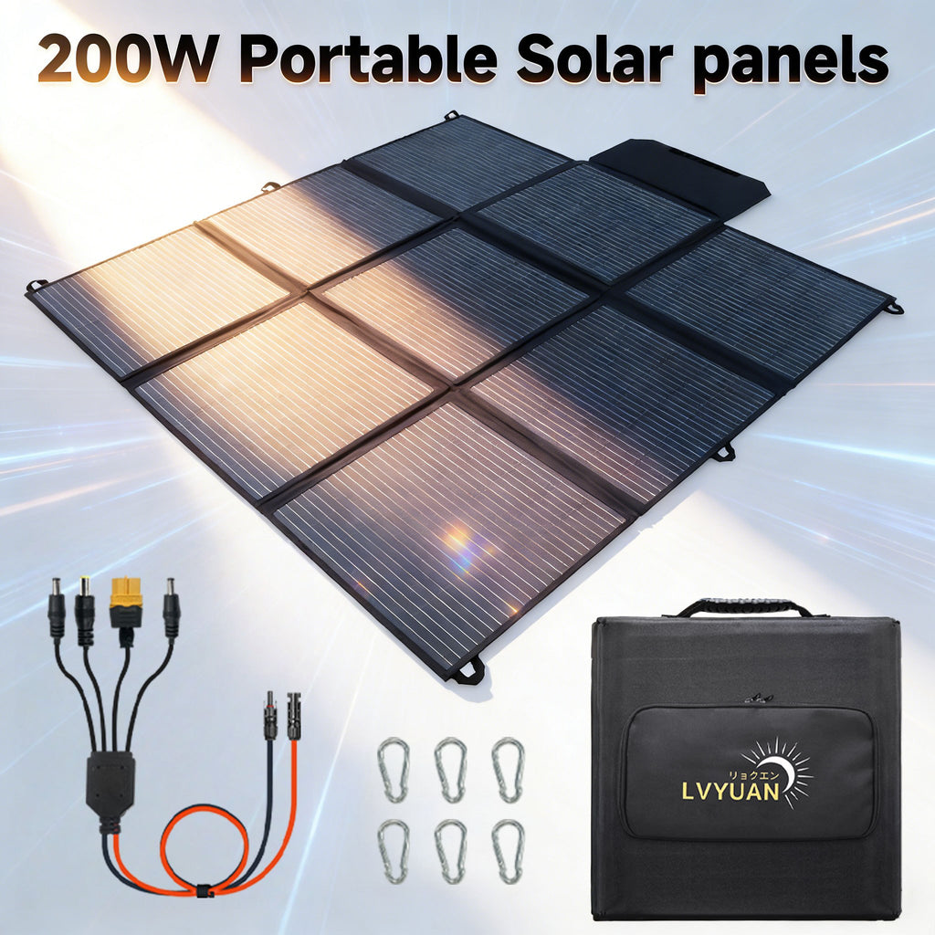 200W 高效單晶硅太陽能板，可攜式折疊式，附可調節支架，太陽能充電器，適用於露營車露營戶外旅行，離網生活，黑暗緊急電源，適用於手機、平板電腦、筆記型電腦、小型電器