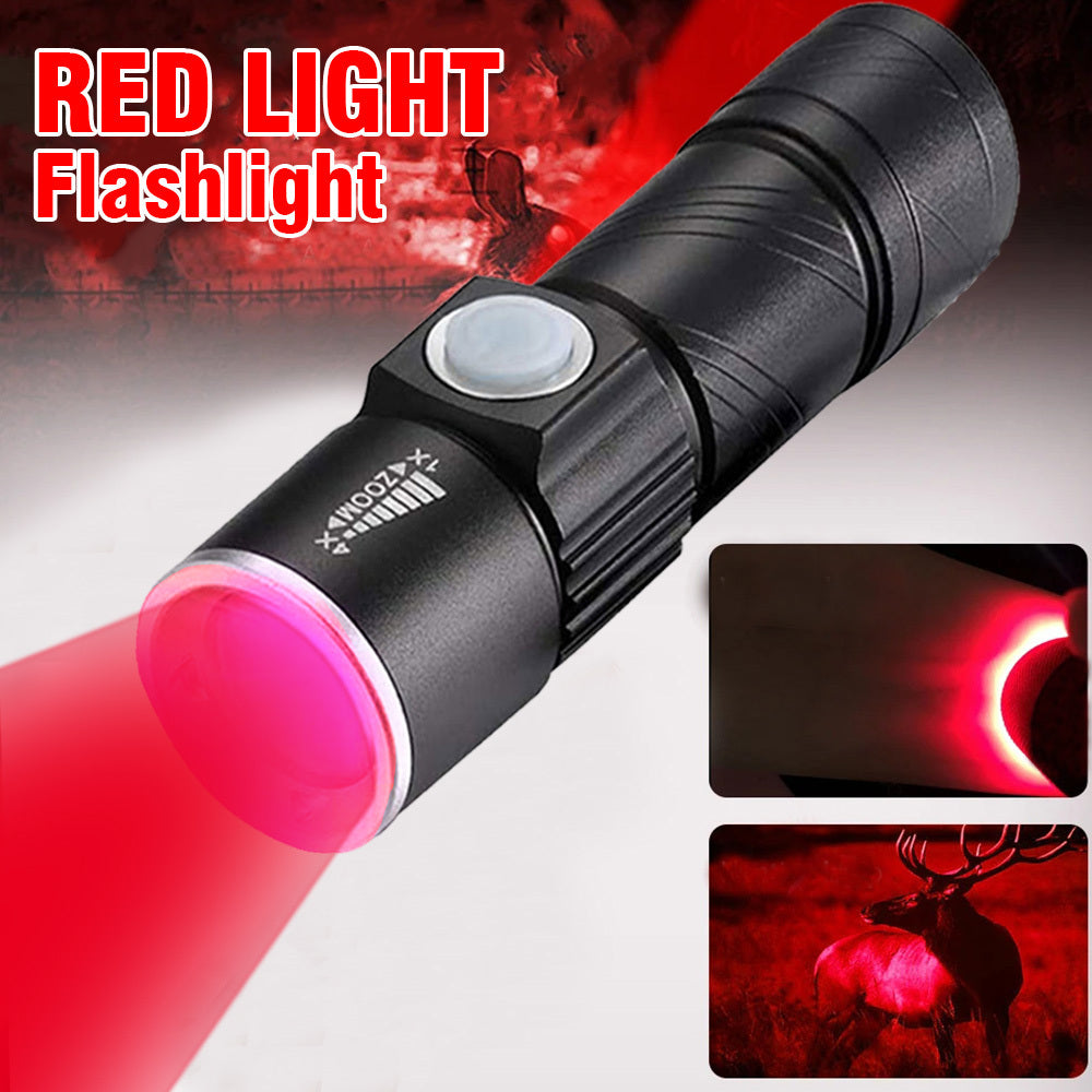 1 Red LED Flashlight, Zoomable Flashlight, USB Rechargeable Outdoor Camping Light, Ideal for Inspection