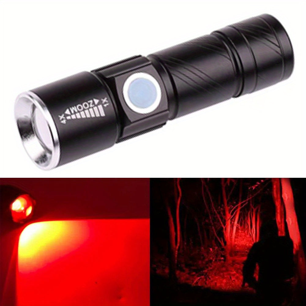 1 Red LED Flashlight, Zoomable Flashlight, USB Rechargeable Outdoor Camping Light, Ideal for Inspection