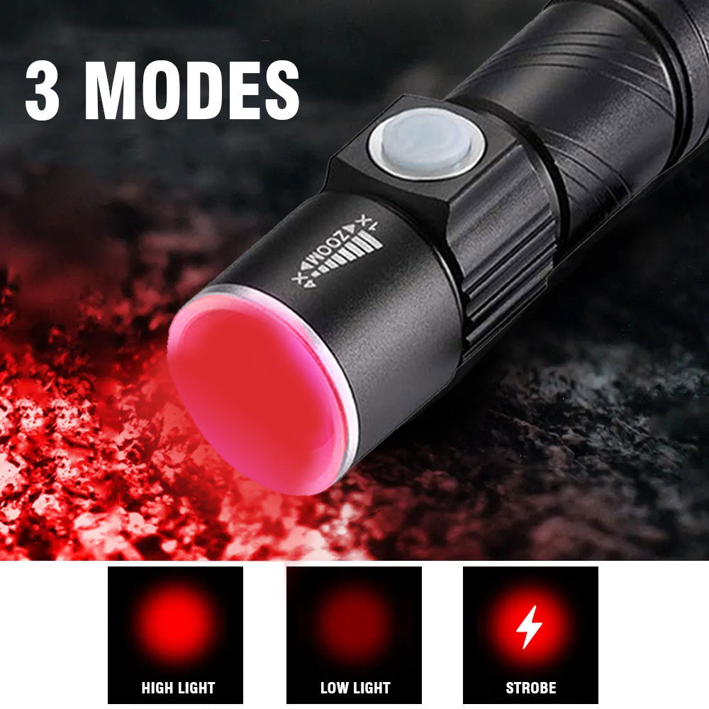 1 Red LED Flashlight, Zoomable Flashlight, USB Rechargeable Outdoor Camping Light, Ideal for Inspection
