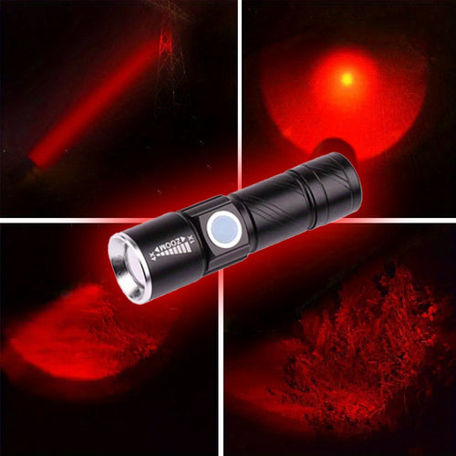 1 Red LED Flashlight, Zoomable Flashlight, USB Rechargeable Outdoor Camping Light, Ideal for Inspection