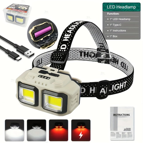 1PC Super Bright LED Rechargeable Headlamp, TYPE-C Charging, 4 Lighting Modes, Adjustable ABS Material Head Light, Foldable Durable High Lumen Flashlight, Ideal for Repair Fishing Camping Hiking Night Riding Gift