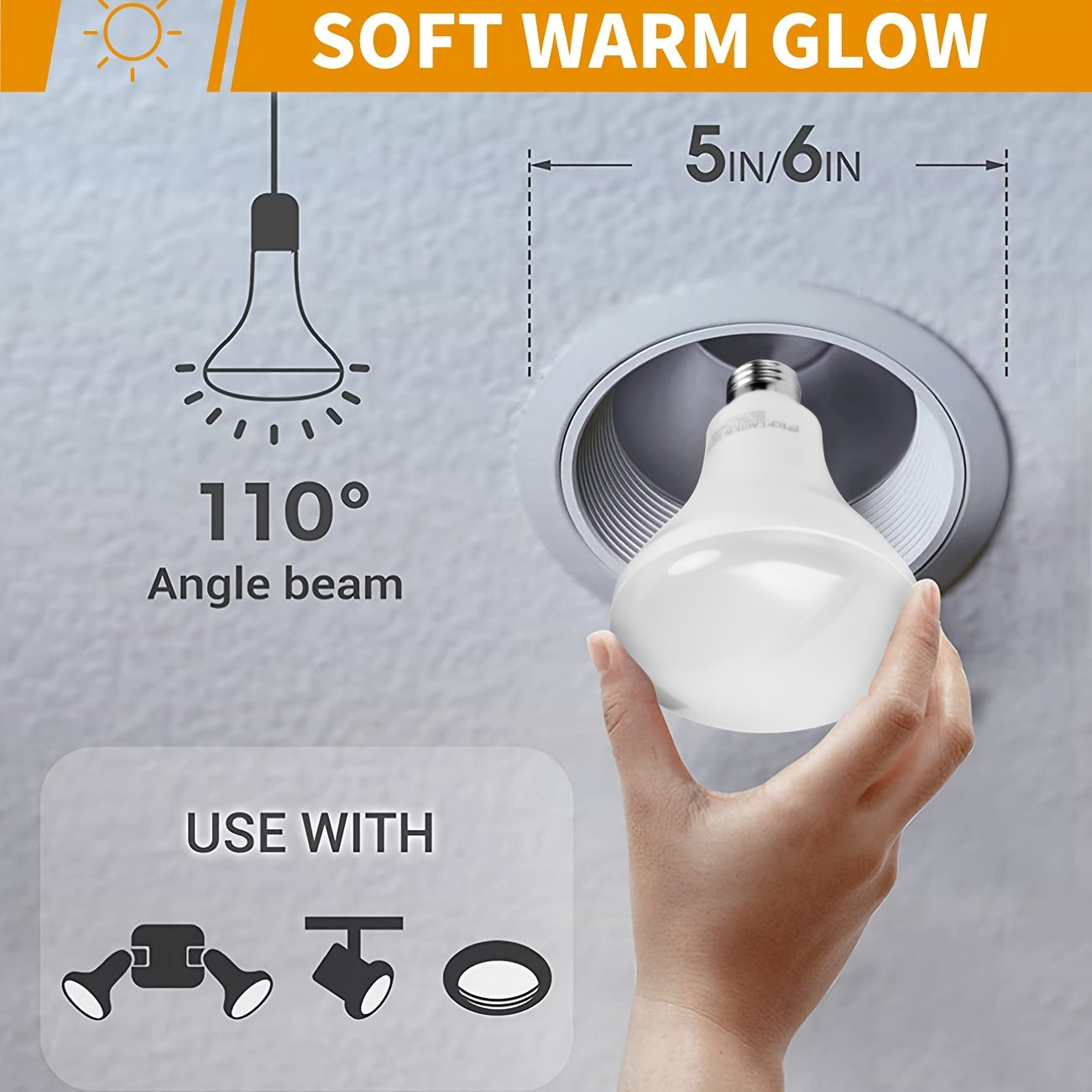 BR30 LED bulb 6-pack, E26 standard American screw base, 110-127V, 10W (equivalent to 65W) 850lm warm yellow light 3000K, non-dimmable, suitable for home, office, shopping mall, warehouse lighting, etc.