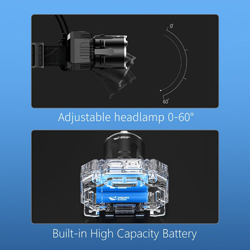 1PC Rechargeable X50 Headlamp Head-mounted Strong Flashlight Super Bright LED Chip USB Charging Cable Zoom Function Detachable Headband Hands-free Operation Adjustable White Light Beam Multi-mode Switching for Night Fishing Camping Hiking Running