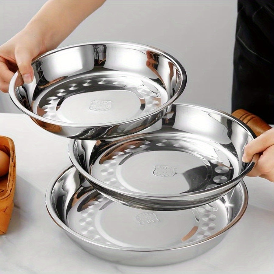 Thickened 304 Stainless Steel Round Plate, Non-Magnetic Multi-Purpose BBQ Plate, Deep Flat-Bottom Dish, Food Tray for Outdoor Camping