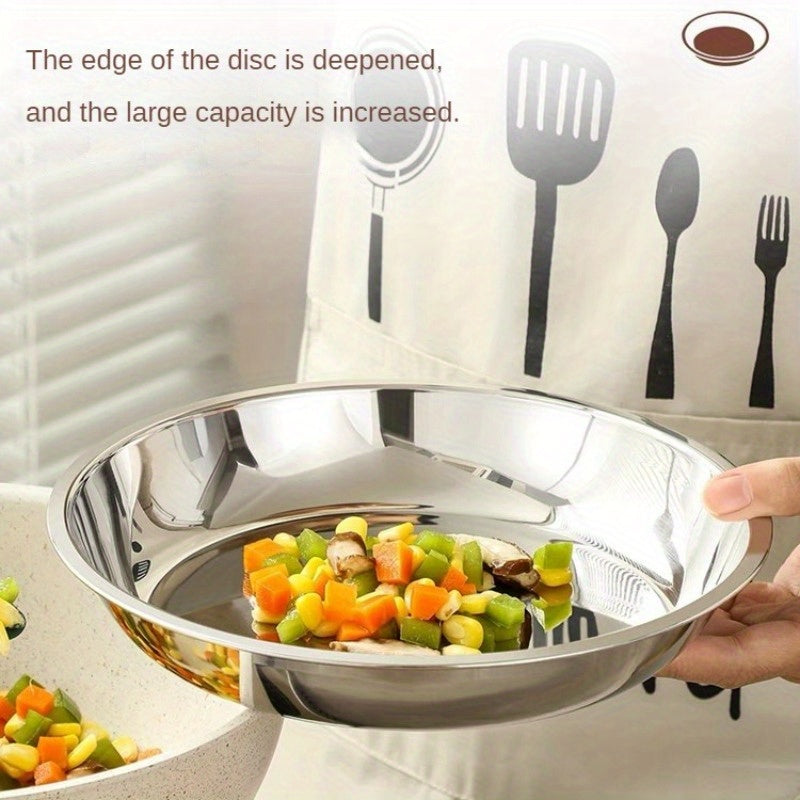 Thickened 304 Stainless Steel Round Plate, Non-Magnetic Multi-Purpose BBQ Plate, Deep Flat-Bottom Dish, Food Tray for Outdoor Camping