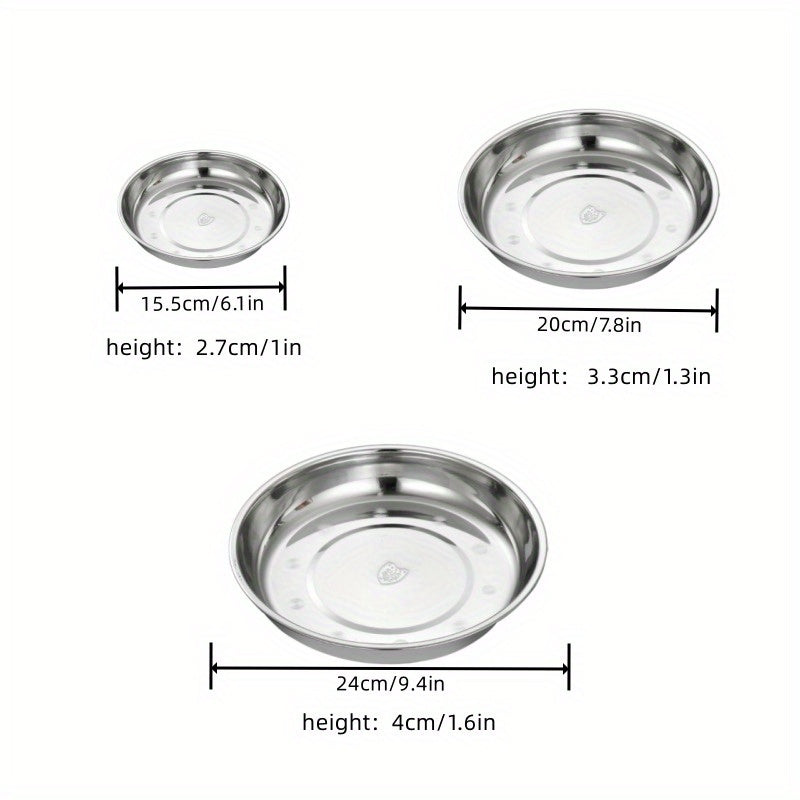 Thickened 304 Stainless Steel Round Plate, Non-Magnetic Multi-Purpose BBQ Plate, Deep Flat-Bottom Dish, Food Tray for Outdoor Camping