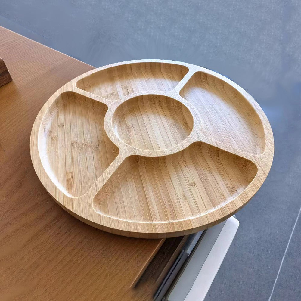 1 Piece Solid Wood 5-Compartment Divided Food Tray – Multi-Functional Fruit & Snack Tray, Bamboo Wood Tray – Smooth Rounded Corners & Wood Grain Serving Plate