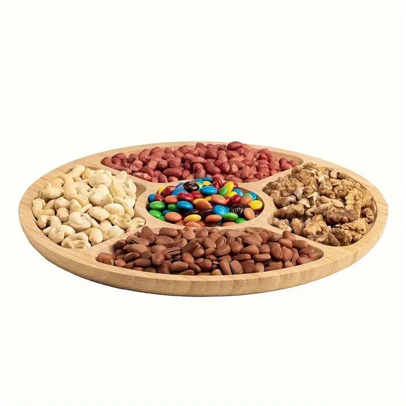 1 Piece Solid Wood 5-Compartment Divided Food Tray – Multi-Functional Fruit & Snack Tray, Bamboo Wood Tray – Smooth Rounded Corners & Wood Grain Serving Plate