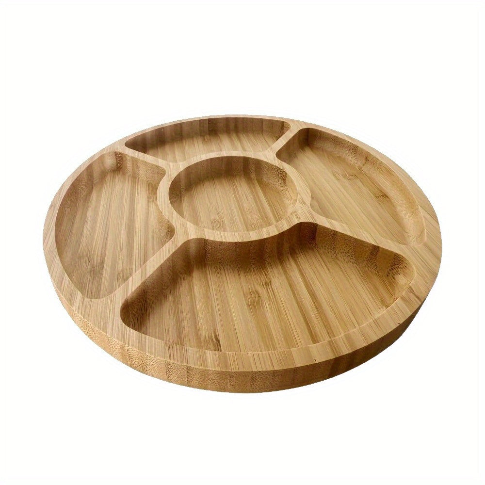 1 Piece Solid Wood 5-Compartment Divided Food Tray – Multi-Functional Fruit & Snack Tray, Bamboo Wood Tray – Smooth Rounded Corners & Wood Grain Serving Plate