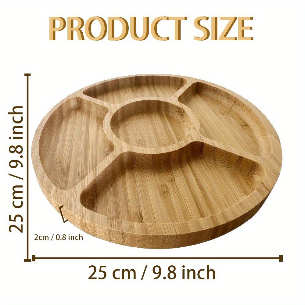 1 Piece Solid Wood 5-Compartment Divided Food Tray – Multi-Functional Fruit & Snack Tray, Bamboo Wood Tray – Smooth Rounded Corners & Wood Grain Serving Plate