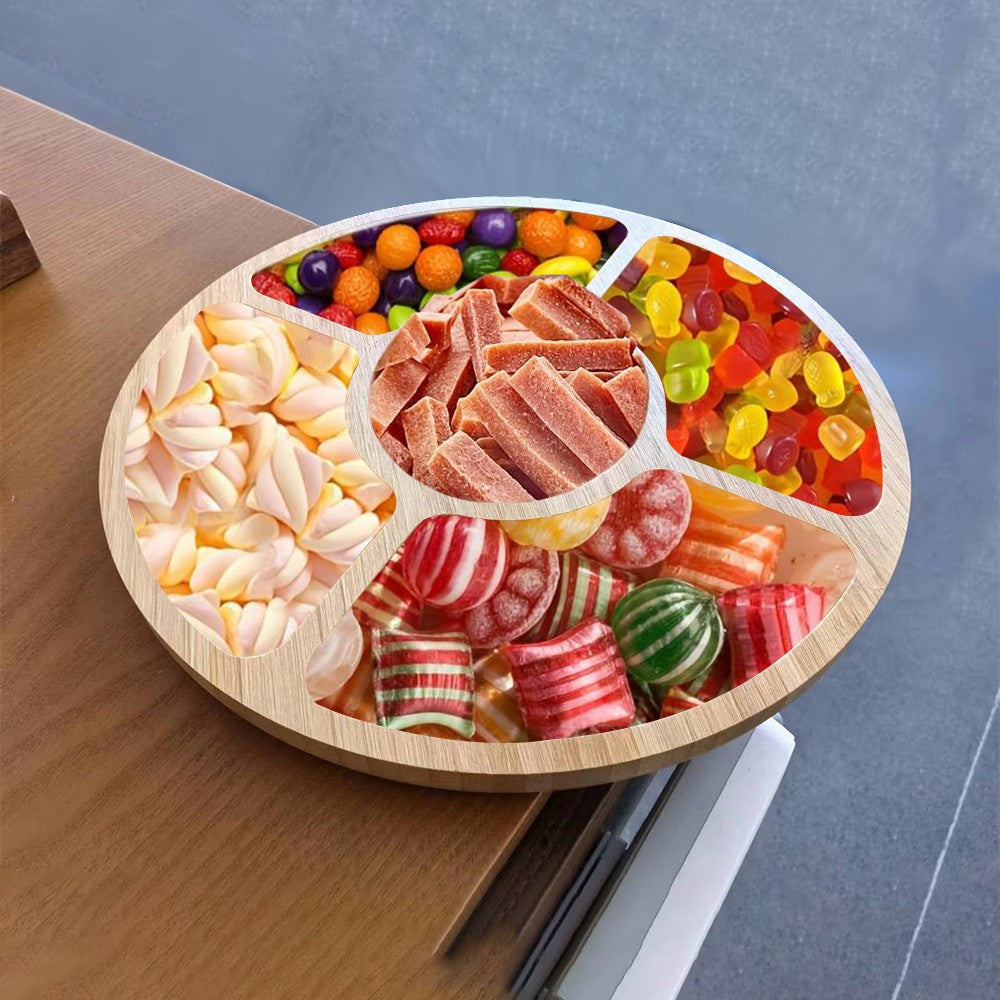 1 Piece Solid Wood 5-Compartment Divided Food Tray – Multi-Functional Fruit & Snack Tray, Bamboo Wood Tray – Smooth Rounded Corners & Wood Grain Serving Plate