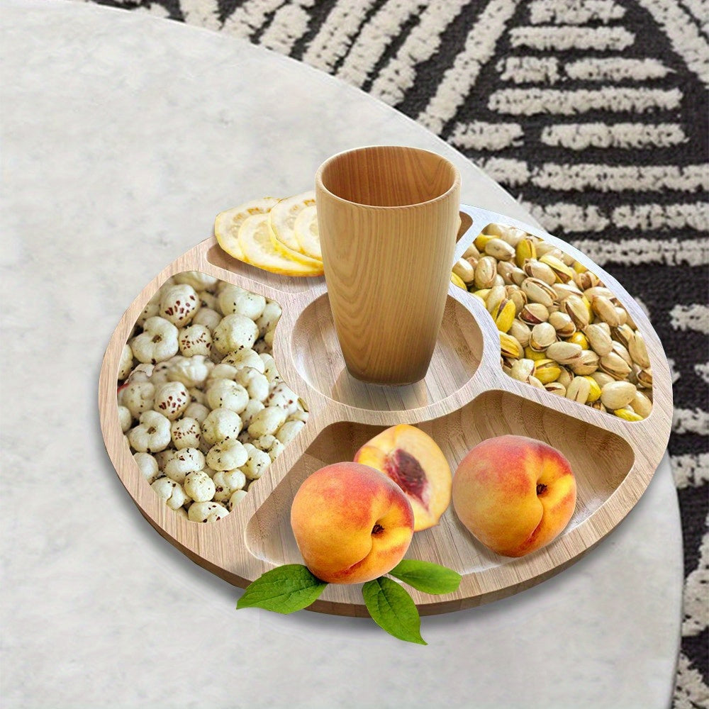 1 Piece Solid Wood 5-Compartment Divided Food Tray – Multi-Functional Fruit & Snack Tray, Bamboo Wood Tray – Smooth Rounded Corners & Wood Grain Serving Plate