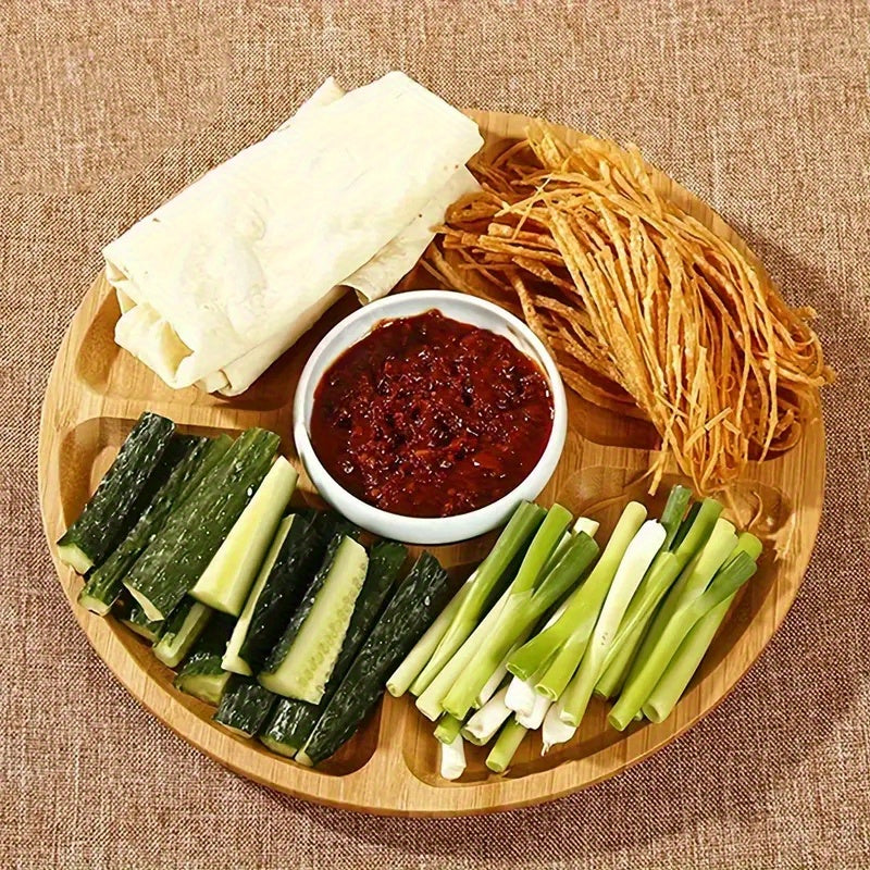 1 Piece Solid Wood 5-Compartment Divided Food Tray – Multi-Functional Fruit & Snack Tray, Bamboo Wood Tray – Smooth Rounded Corners & Wood Grain Serving Plate