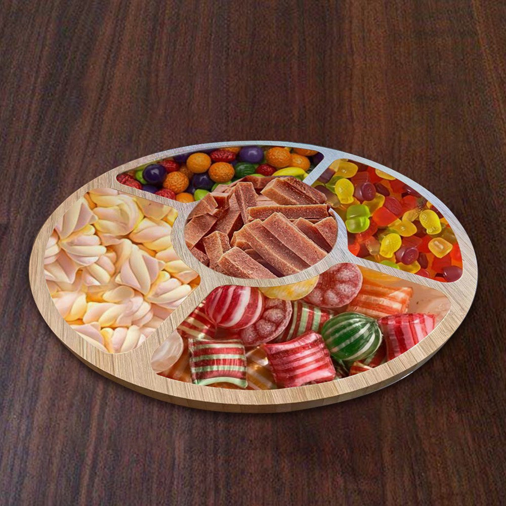 1 Piece Solid Wood 5-Compartment Divided Food Tray – Multi-Functional Fruit & Snack Tray, Bamboo Wood Tray – Smooth Rounded Corners & Wood Grain Serving Plate