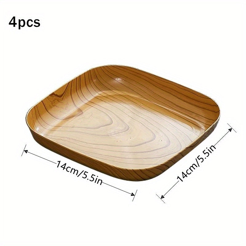 4Pcs Creative Wood-Look Plastic Snack Plate, Vinegar Dish, Restaurant Sushi Plate, Breakfast Plate, Dried Fruit Tray, Snack Tray, Bone Dish
