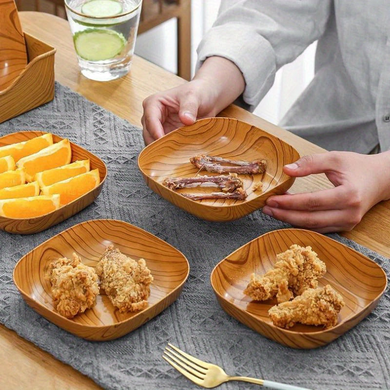4Pcs Creative Wood-Look Plastic Snack Plate, Vinegar Dish, Restaurant Sushi Plate, Breakfast Plate, Dried Fruit Tray, Snack Tray, Bone Dish