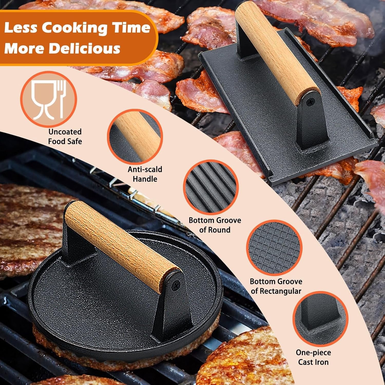 Cast Iron Meat Press Plate, Rectangular Round Striped Grid Grill Press for Steak and Barbecue, Uncoated with Beech Wood Handle