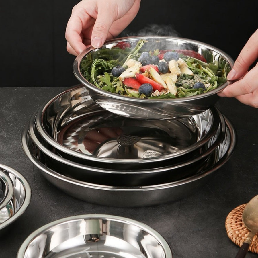 Thickened 304 Stainless Steel Round Plate, Non-Magnetic Multi-Purpose BBQ Plate, Deep Flat-Bottom Dish, Food Tray for Outdoor Camping