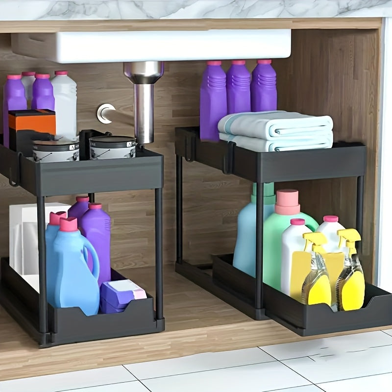 Multi-functional Pull-out Under Sink Organizer and Storage, Suitable for Bathroom & Kitchen, 2-Tier Sliding Cabinet Basket, Bathroom Cabinet Storage Box with Hooks, Storage Cup, Home Kitchen Accessories