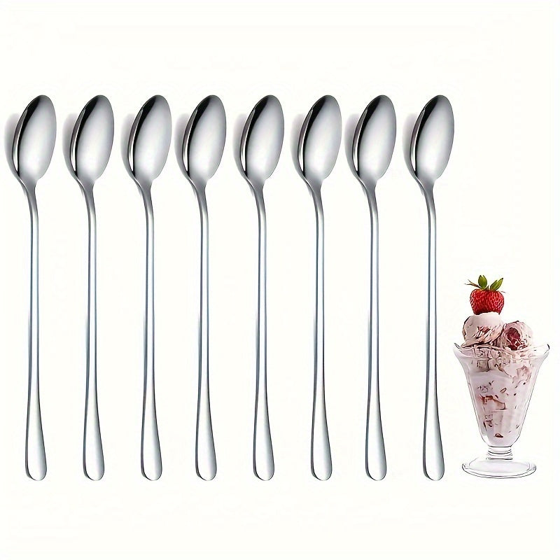 8-Piece Elegant Stainless Steel Long Handle Spoon Set – Perfect for Iced Tea, Coffee & Ice Cream – Dishwasher Safe, Polished Finish Kitchen Cutlery, Kitchen Utensils