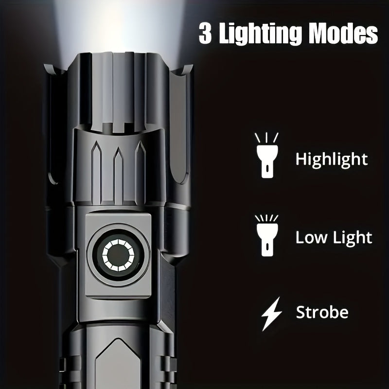 Ultra-Bright LED Rechargeable Flashlight, 3 Lighting Modes (High/Low/Strobe), 5.12 Inches, Includes USB Charging Cable, Ideal for Outdoor Adventures, IPX4 Waterproof Rating