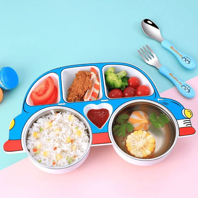 1 Set Divided Car-Shaped Tray Set with Lid & 2 Stainless Steel 304 Bowls, Cartoon Car Tray with Lid, Drop-Proof Home Cartoon Dinnerware, Unbreakable Tray, Kids‘ Cutlery Set