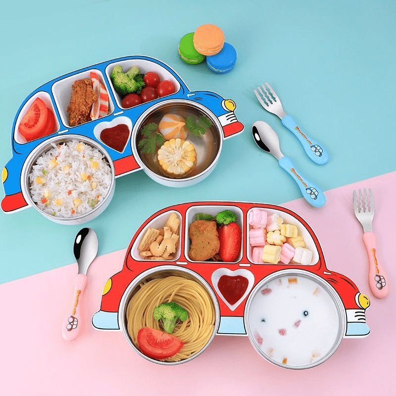 1 Set Divided Car-Shaped Tray Set with Lid & 2 Stainless Steel 304 Bowls, Cartoon Car Tray with Lid, Drop-Proof Home Cartoon Dinnerware, Unbreakable Tray, Kids‘ Cutlery Set