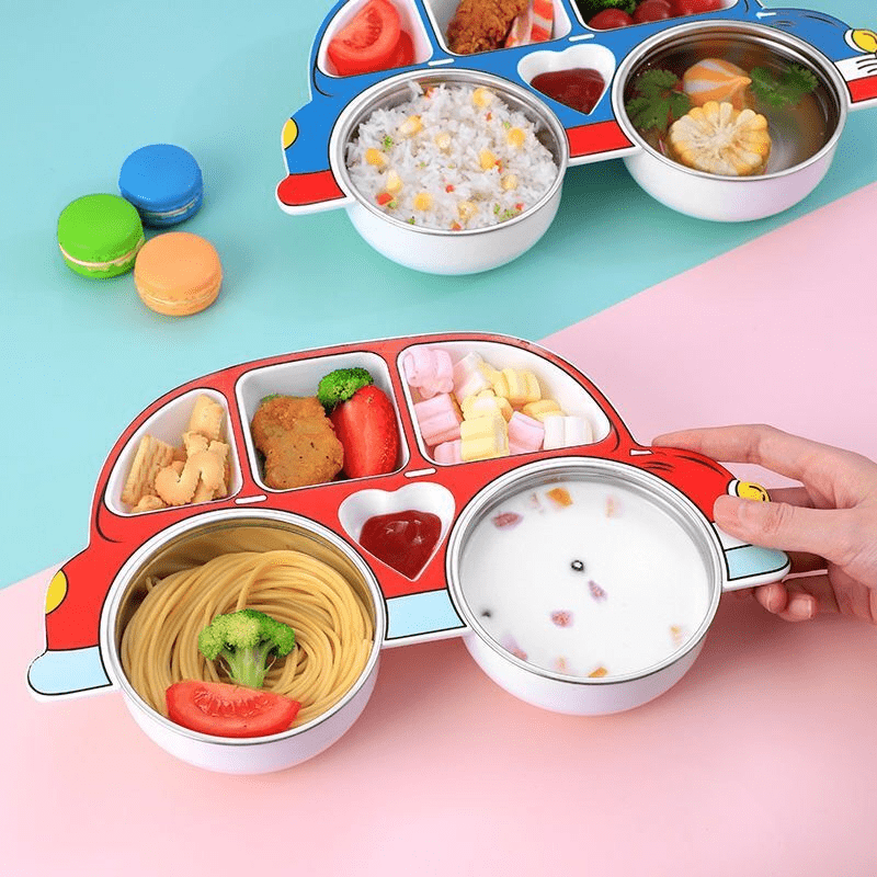 1 Set Divided Car-Shaped Tray Set with Lid & 2 Stainless Steel 304 Bowls, Cartoon Car Tray with Lid, Drop-Proof Home Cartoon Dinnerware, Unbreakable Tray, Kids‘ Cutlery Set