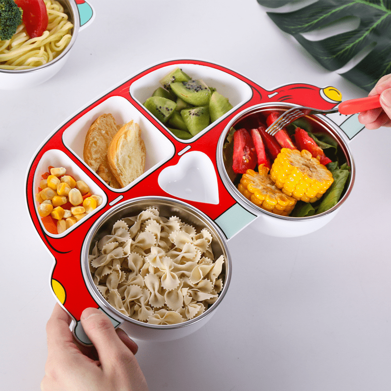 1 Set Divided Car-Shaped Tray Set with Lid & 2 Stainless Steel 304 Bowls, Cartoon Car Tray with Lid, Drop-Proof Home Cartoon Dinnerware, Unbreakable Tray, Kids‘ Cutlery Set