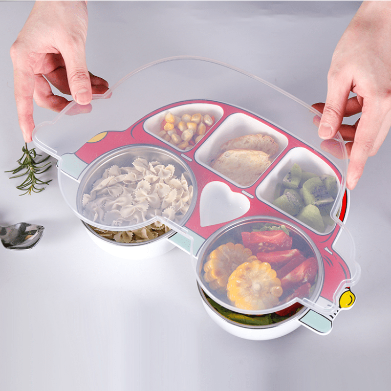 1 Set Divided Car-Shaped Tray Set with Lid & 2 Stainless Steel 304 Bowls, Cartoon Car Tray with Lid, Drop-Proof Home Cartoon Dinnerware, Unbreakable Tray, Kids‘ Cutlery Set