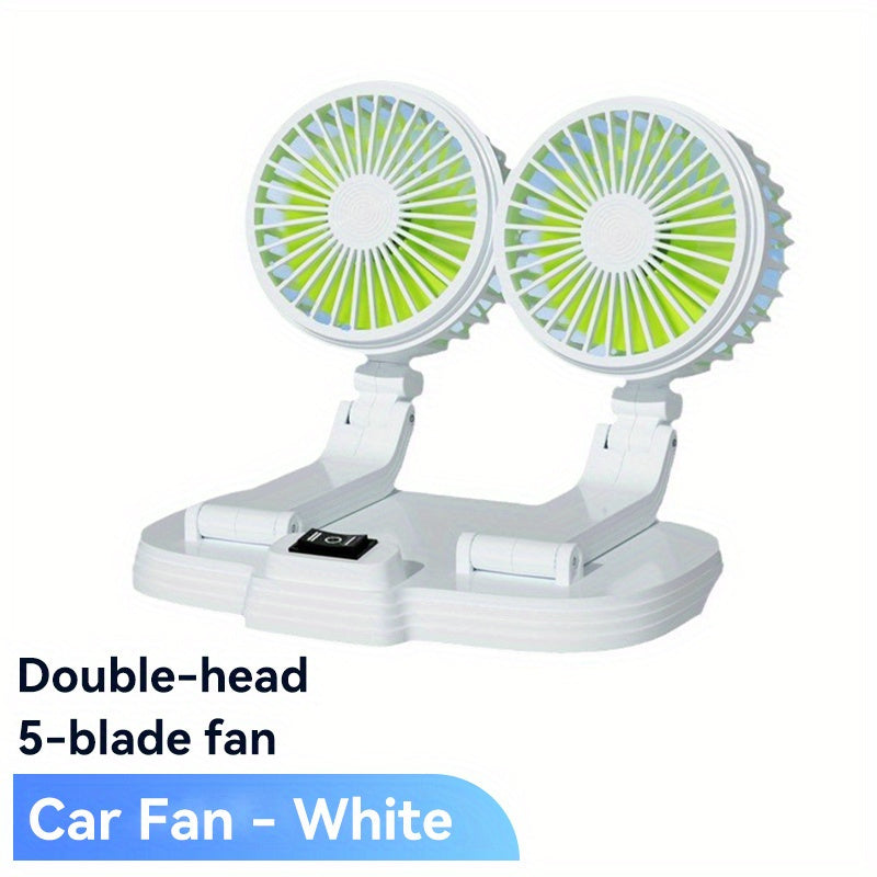 Dual-Head Rotatable Car Fan, Compatible with 24V Heavy Trucks & 12V Vehicles, 5V USB Plug-in Powered, Powerful Quiet Foldable Battery-Free Car Cooling Fan