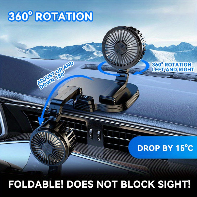 Dual-Head Rotatable Car Fan, Compatible with 24V Heavy Trucks & 12V Vehicles, 5V USB Plug-in Powered, Powerful Quiet Foldable Battery-Free Car Cooling Fan