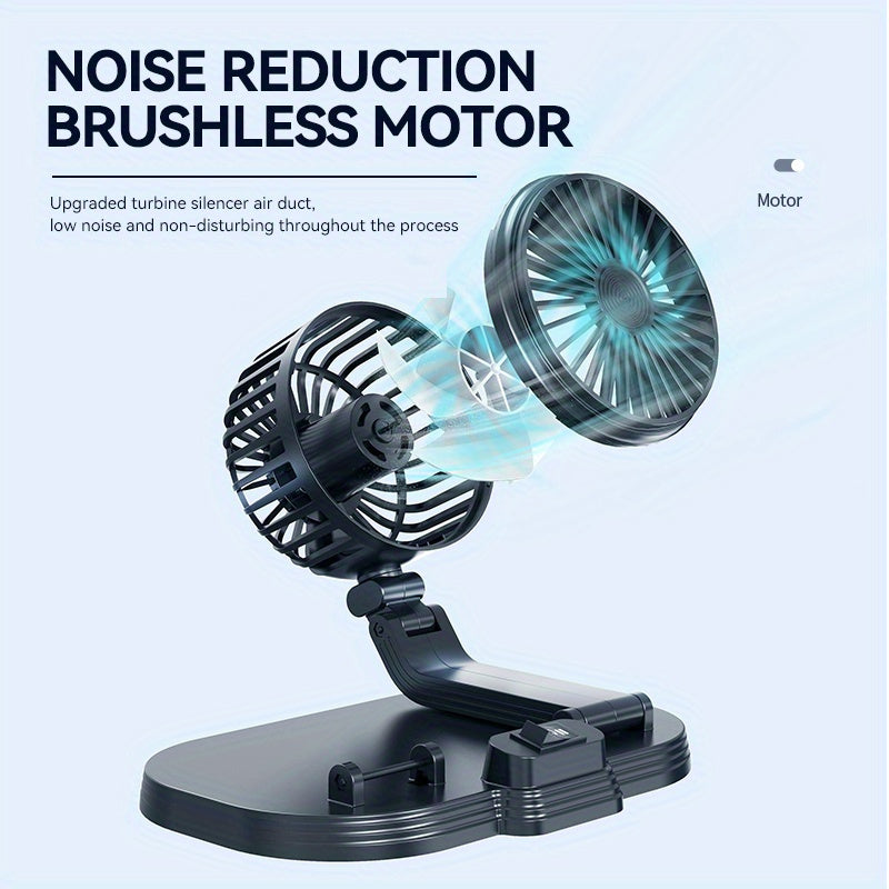 Dual-Head Rotatable Car Fan, Compatible with 24V Heavy Trucks & 12V Vehicles, 5V USB Plug-in Powered, Powerful Quiet Foldable Battery-Free Car Cooling Fan