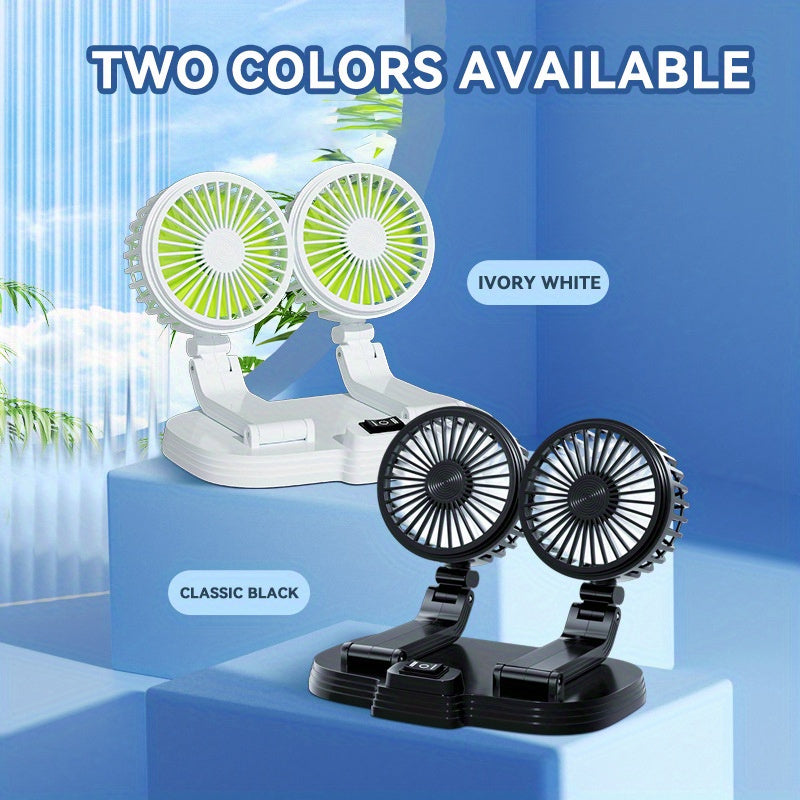 Dual-Head Rotatable Car Fan, Compatible with 24V Heavy Trucks & 12V Vehicles, 5V USB Plug-in Powered, Powerful Quiet Foldable Battery-Free Car Cooling Fan