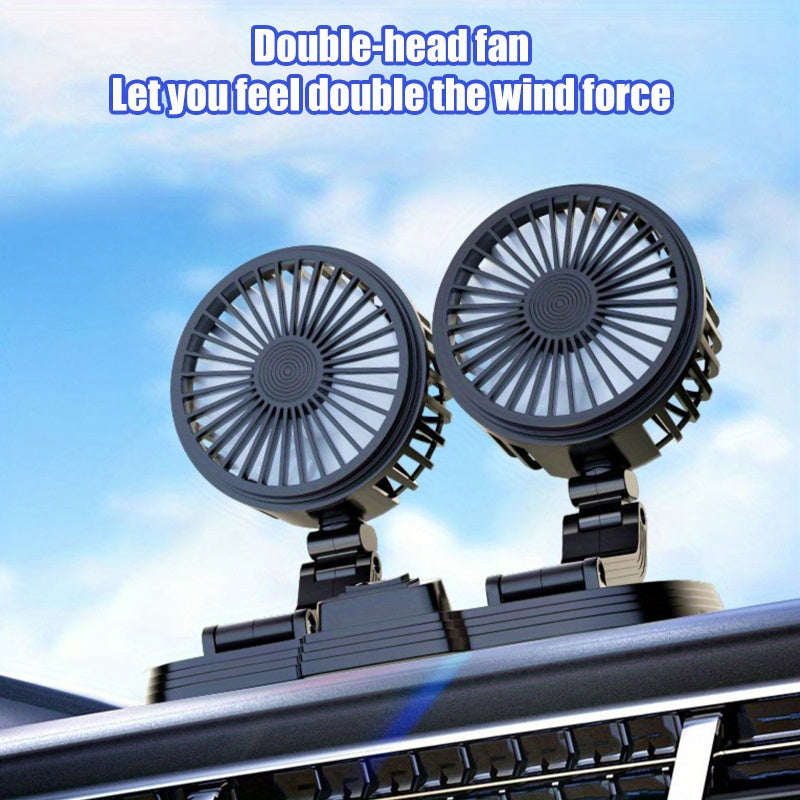 Dual-Head Rotatable Car Fan, Compatible with 24V Heavy Trucks & 12V Vehicles, 5V USB Plug-in Powered, Powerful Quiet Foldable Battery-Free Car Cooling Fan