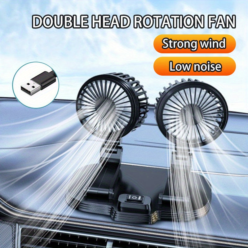 Dual-Head Rotatable Car Fan, Compatible with 24V Heavy Trucks & 12V Vehicles, 5V USB Plug-in Powered, Powerful Quiet Foldable Battery-Free Car Cooling Fan