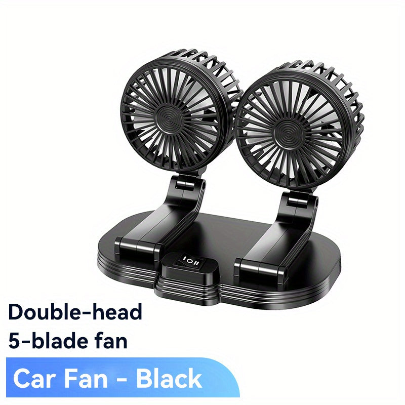 Dual-Head Rotatable Car Fan, Compatible with 24V Heavy Trucks & 12V Vehicles, 5V USB Plug-in Powered, Powerful Quiet Foldable Battery-Free Car Cooling Fan