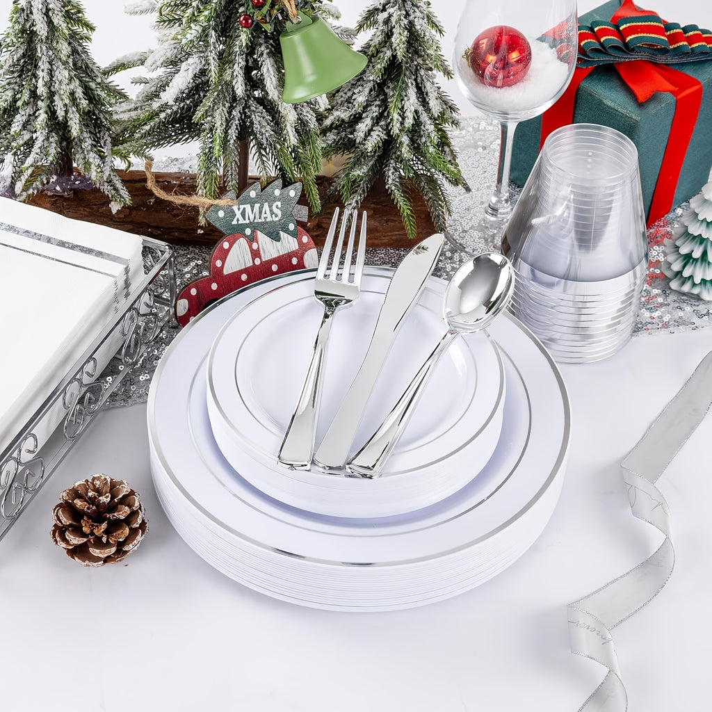 300-Piece Plastic Silver Plates – White & Silver Disposable Plate Set Includes 60 Dinner Plates, 60 Dessert Plates, 60 Forks, 60 Spoons, 60 Knives