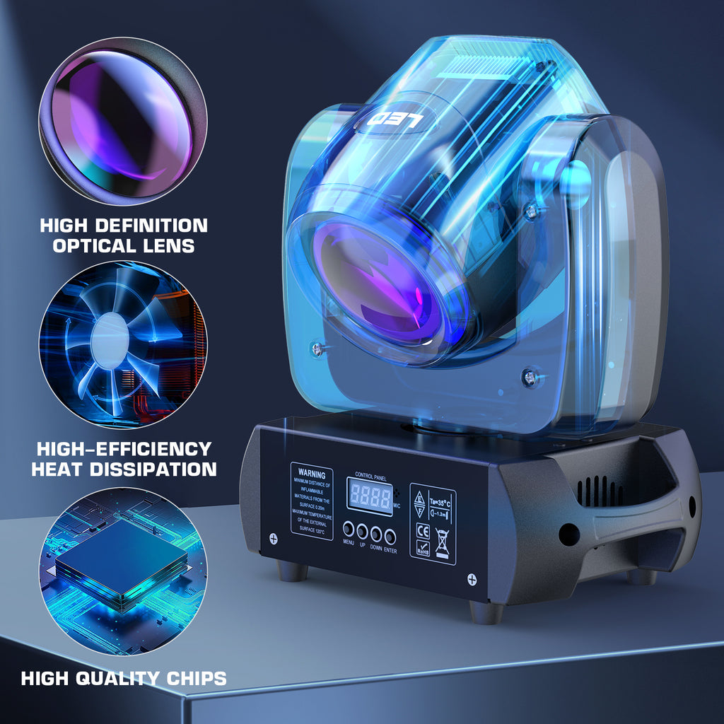 120W moving head DJ light with rotating Gobos (8-facet prism), 7 colors plus on/off white LED beam light, activated by sound and DMX control, for stage lighting, weddings, Halloween, Christmas, churches, live performances
